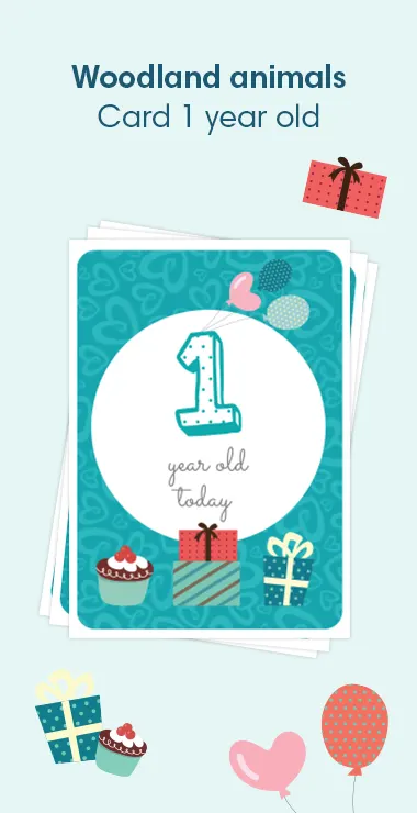 Printed cards to celebrate your baby's birth. Decorated with happy motifs  includinga presents, cakes, and balloons and a celebration note: 1 year old  today!